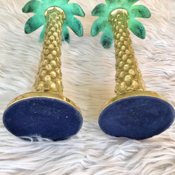 Vintage | Palm Tree Taper Candleholders Green Gold PAIR Preppy Palm Beach - Picture 2 of 8